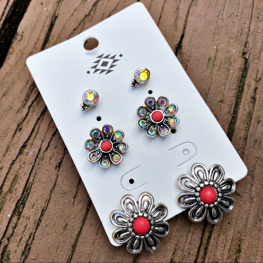 Flower Trio Earring Set - Red